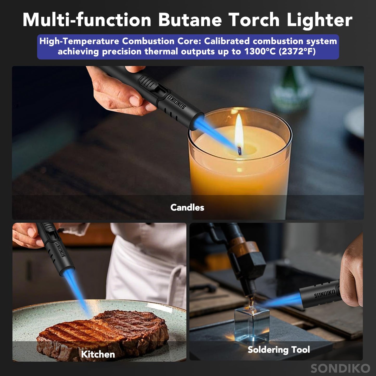 Sondiko Torch Lighters, Refillable Butane Lighter with Adjustable Jet Flame, Metal Shell, Butane Nozzle Adapter Kit for Candle, Grill, BBQ, Fireworks, 4 Pack, Black