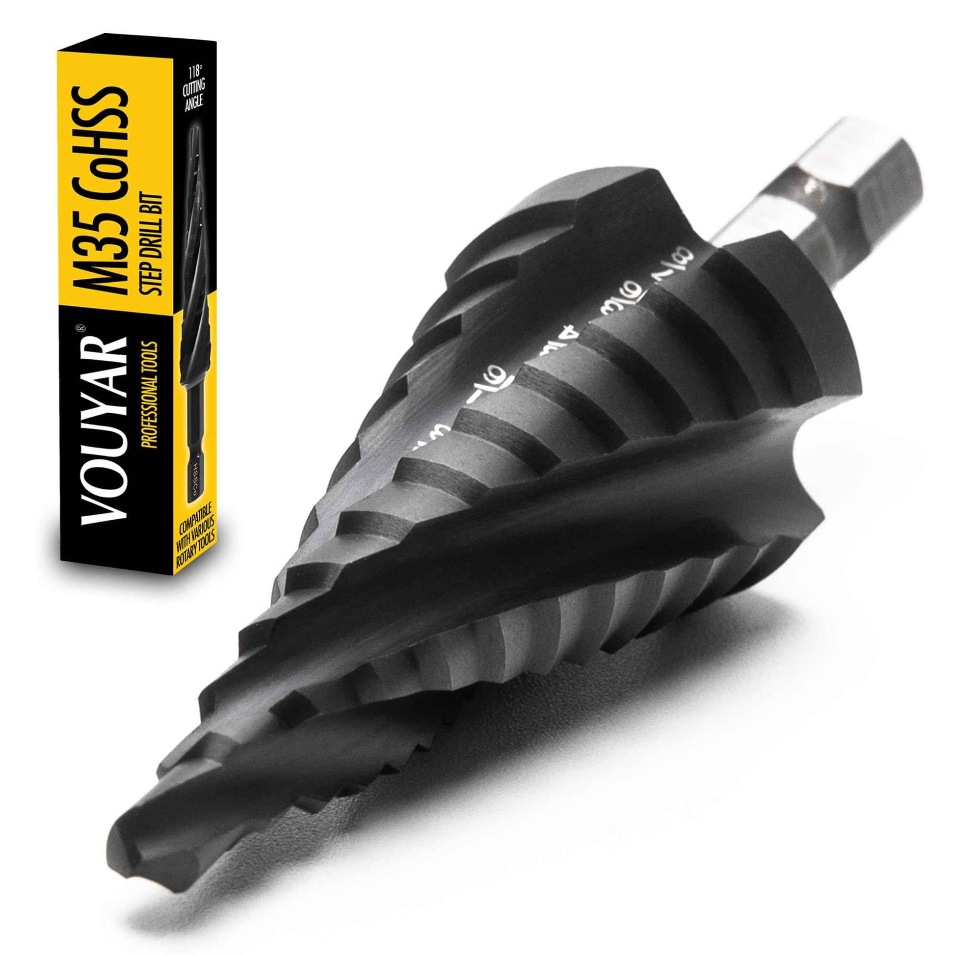 Vouyar Four Spiral Flute Cobalt Step Drill Bit, 3/16'' - 7/8'' M35 TiAlN Coating Impact Ready Unibit Step Drill Bit, 1/4" Hex Shank Step Bit for Metal, Stainless Steel, Aluminum, Plastic