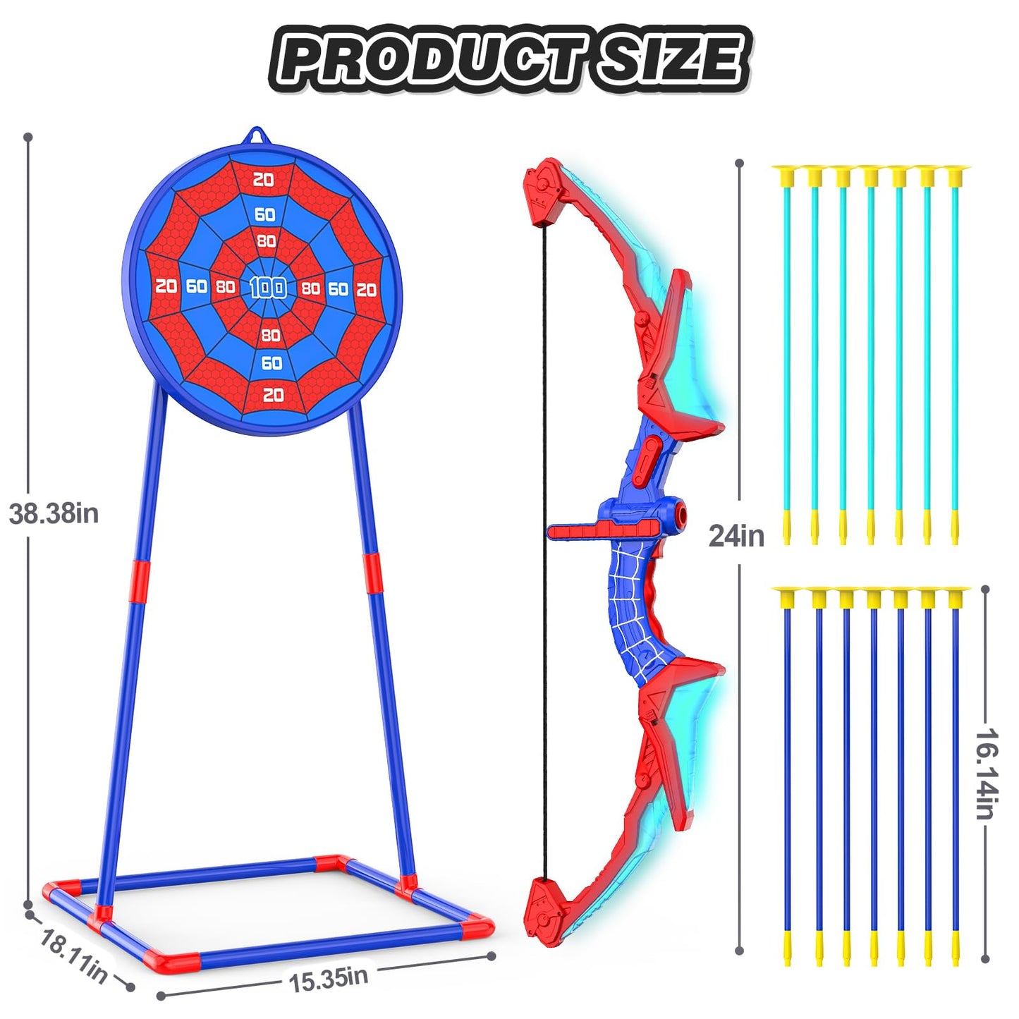 Polkoliye 2 Pack of Kids Bow and Arrow Set, LED Light Up Archery Toy Set with 14 Suction Cup Arrows, Detachable Target, Indoor Outdoor Hunting Play Gift Toys for Kids, Boys & Girls Ages 6-12