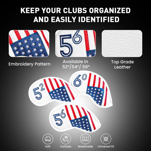 Golf Iron Wedge Head Covers 52° 54° 56° 60° 1 Pc, Stylish Leather Headcover Club Head Protection for Irons, Clover USA Flag Design for Men Women (52°, 56°, 60°(USA Flag))
