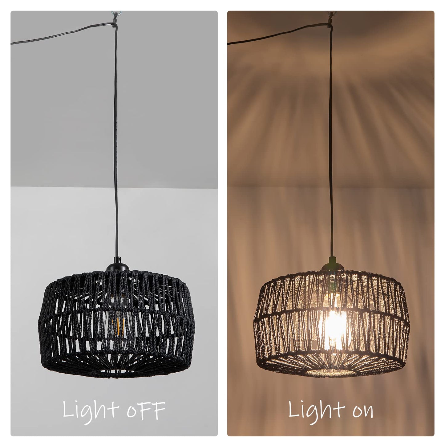 YongMing CL 11.42’’ Black Woven Plug in Pendant Light Fixture, Rustic Round Ceiling Hanging Light with Plug in Cord & On/Off Switch for Entry Bedroom Kitchen Island Living Dining Room Foyer