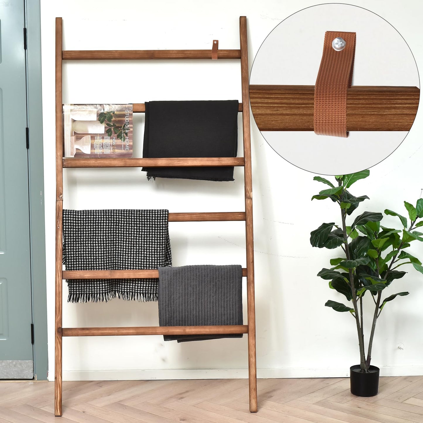 FUIN Extra Wide 6.4ft Wooden Blanket Ladder Living Room Decorative Wal Leaning Farmhouse Quilt Display Holder Rustic Wood Towel Rack for Bathroom, Brown, 38 inch Wide