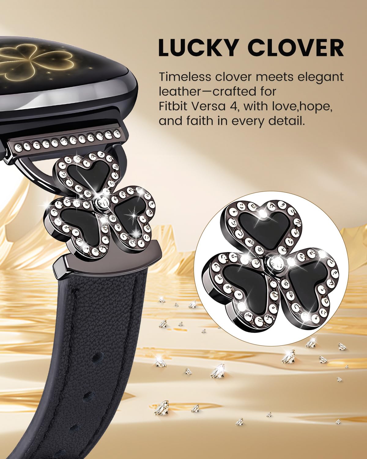Leather Bands Compatible with Fitbit Versa 4/Fitbit Versa 3 /Fitbit Sense/Sense 2 Bands for Women, Bling Slim Leather Strap with Designer Three Hearts Design Buckle Strap for Fitbit Versa 4 Band (Black/Black)