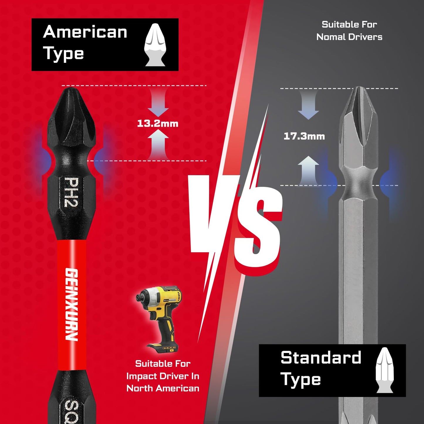 Geinxurn 10Pcs PH2-SQ2 Impact Double End Screwdriver Bit Set, 2.56 in. #2 Phillips /#2 Square Power Driver Bits, Magnetic S2 Steel Two Sides Screwdriver Bits Set with Storage M-Box