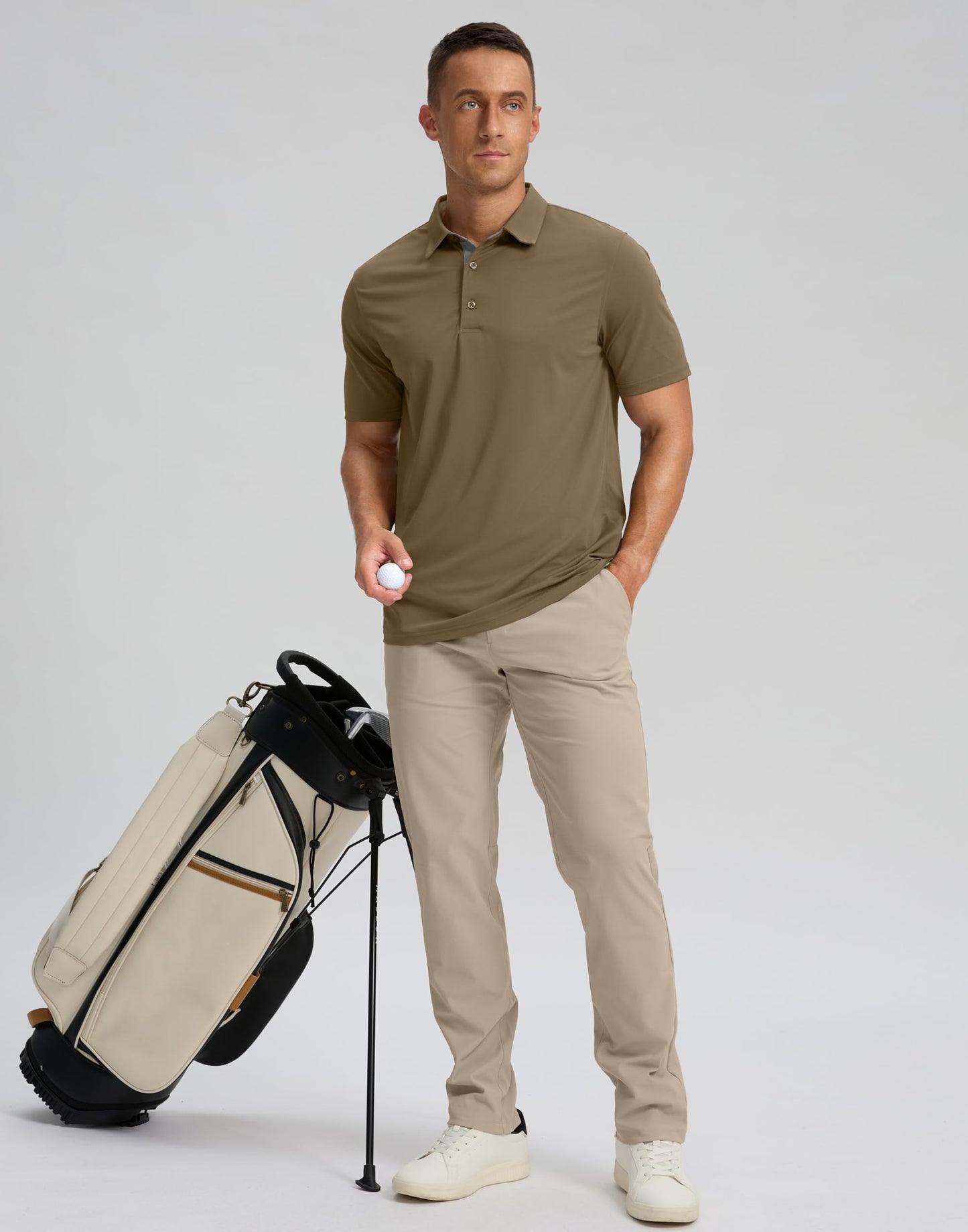 Men's Golf Shirts Dry Fit Moisture Wicking Performance Short Sleeve Collared Polo Shirts for Casual Athletic Business (Khaki, L)