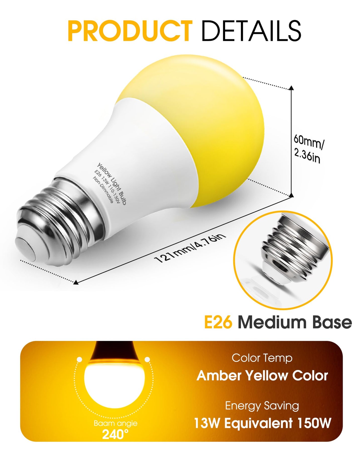 Yellow Bug Light Bulbs Outdoor, 150W Equivalent A19 Yellow Bug Lights for Outside, 13W High Brightness 1800K for Porch Lights, Not-Dimmable A19 Bulb for Patio, Deck, Backyard, Hallway, 2 Pack