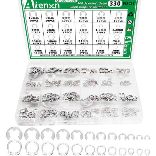 Aienxn 330PCS 304 Stainless Steel Snap Rings Assortment Kit, E Clips Assortment Kit (1.2MM-10MM) and C Clips Assortment Kit (3MM-14MM), 24 Sizes External Retaining Rings Circlip Snap Ring Kit