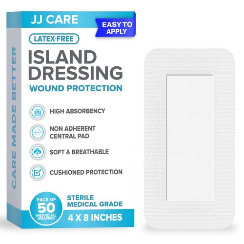 JJ CARE Adhesive Island Dressing [Pack of 50], 4” x 8” Sterile Bordered Gauze, Breathable Island Wound Dressing, Individually Wrapped Adhesive Gauze Bandages with Non-Stick Central Pad