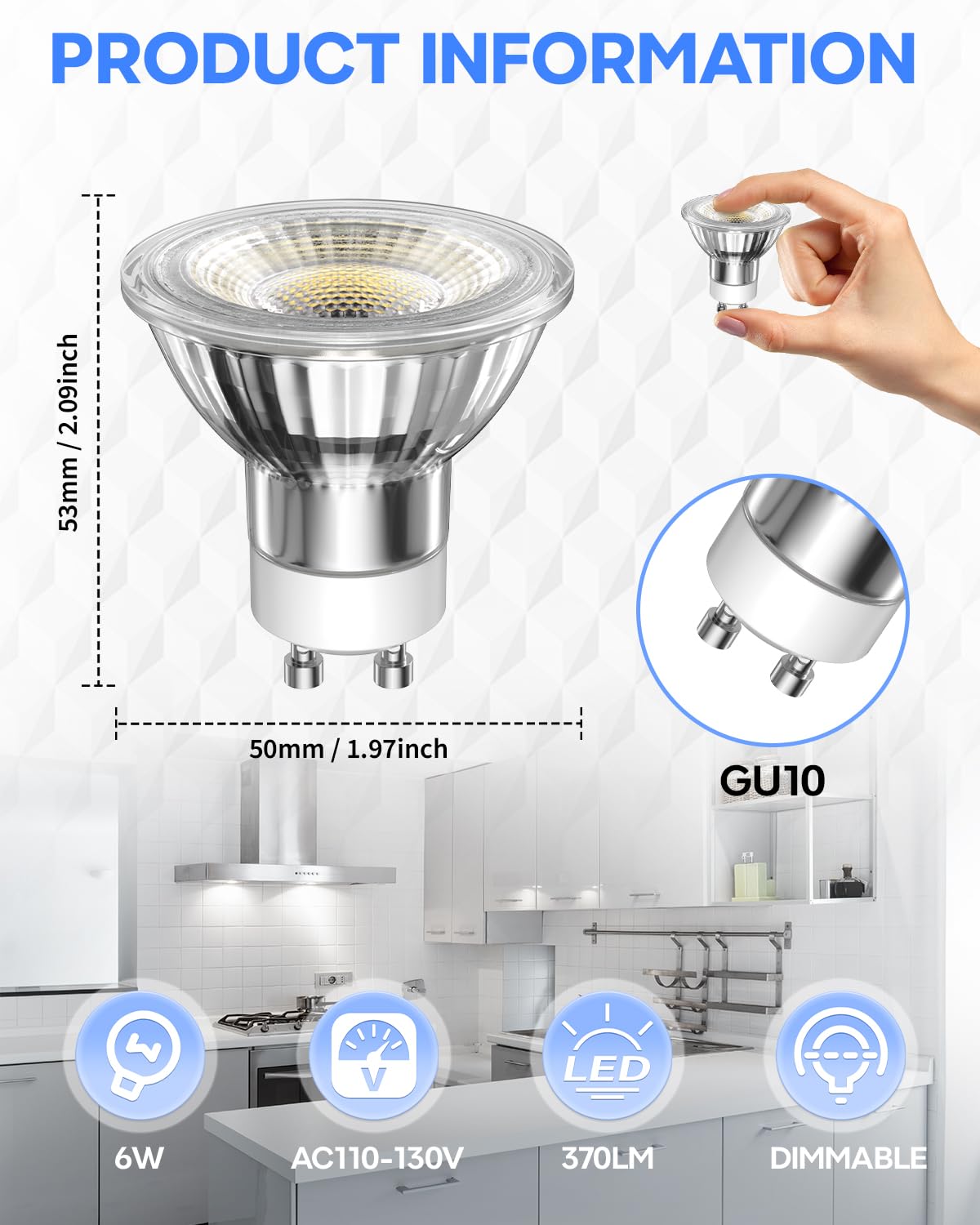 TobeBright GU10 LED Range Hood Light Bulbs 6W,5000K Daylight White Kitchen Light 50W Halogen Bulb Replacement,Dimmable GU10 Appliance Bulb for Recessed Track Lighting,Ceiling Light,Range Hood-2Pack