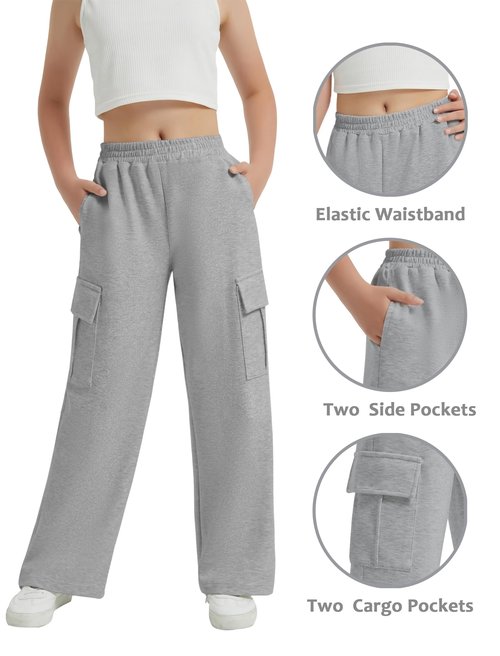 EXARUS 3 Pack Girls Cargo Sweatpants Baggy Swaet Pants for Girls Wide Leg High Waisted Elastic Waistband Causal Pant Daily Heather Black Gery Pink 12Y