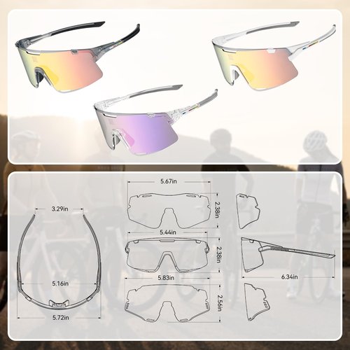 ROCKBROS Performance Cycling Glasses Polarized Sports Sunglasses with 3 Interchangeable REVO Lenses,Photochromic Sunglasses,Polarized and Yellow,TR90 Ultra-Light Frame,UV400 Protection,White and Pink