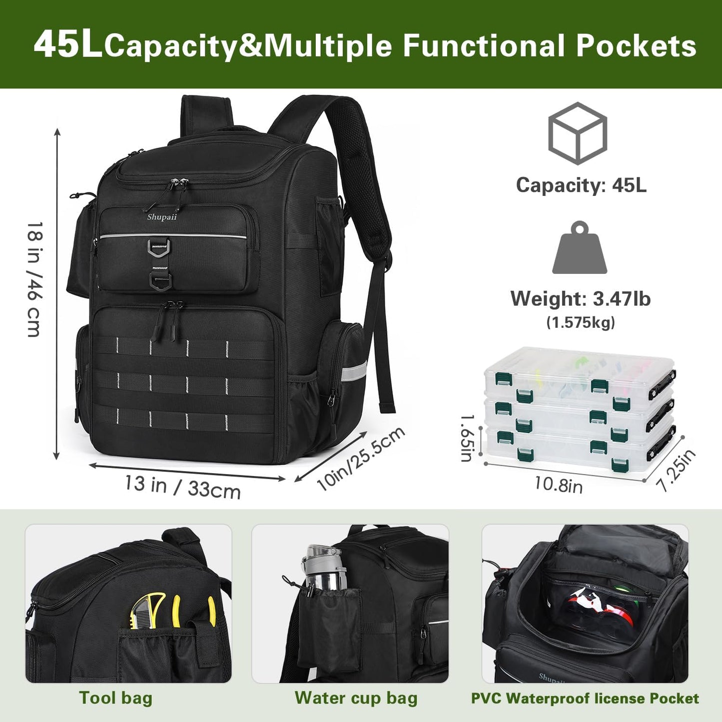 Skiennix Large Fishing Backpack - Waterproof Design with Rod Holders | 45L Tackle Box for Men