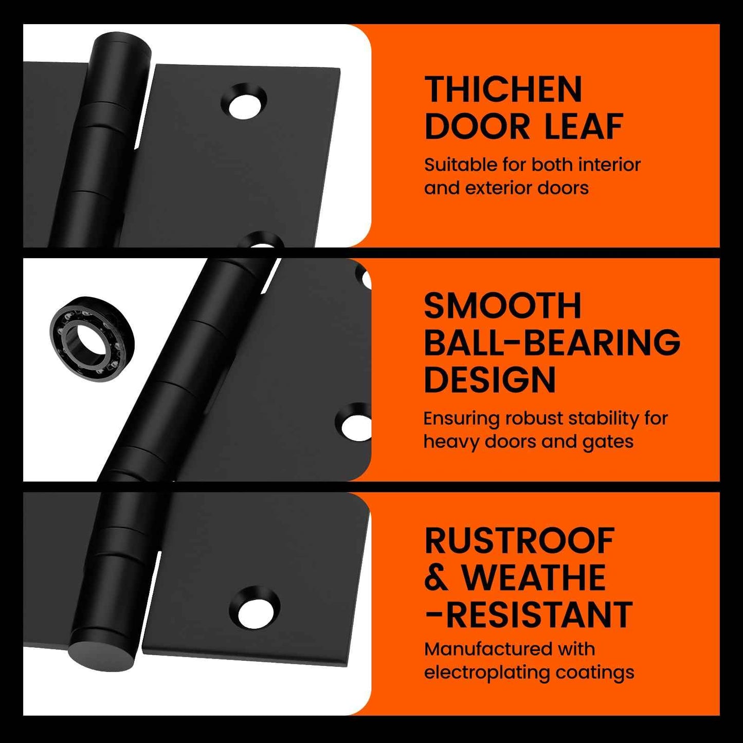 Haidms 3 Pack Stainless Steel Ball Bearing Hinges 3.5 Inch Black Door Hinges, Square Corner Heavy Duty Hinges for Interior Exterior Doors No Squeak and Non Removable Pin