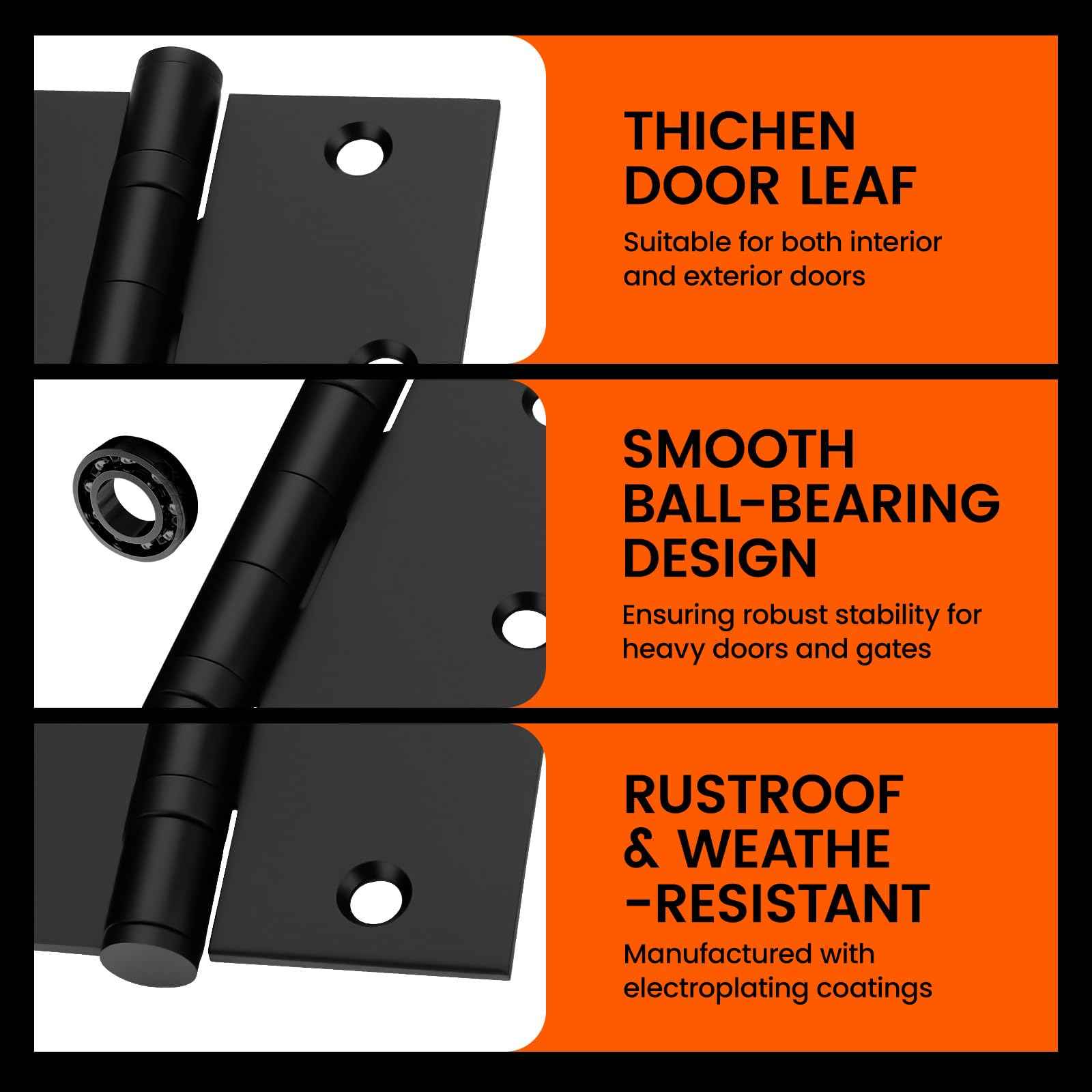 Haidms 3 Pack Stainless Steel Ball Bearing Hinges 3.5 Inch Black Door Hinges, Square Corner Heavy Duty Hinges for Interior Exterior Doors No Squeak and Non Removable Pin