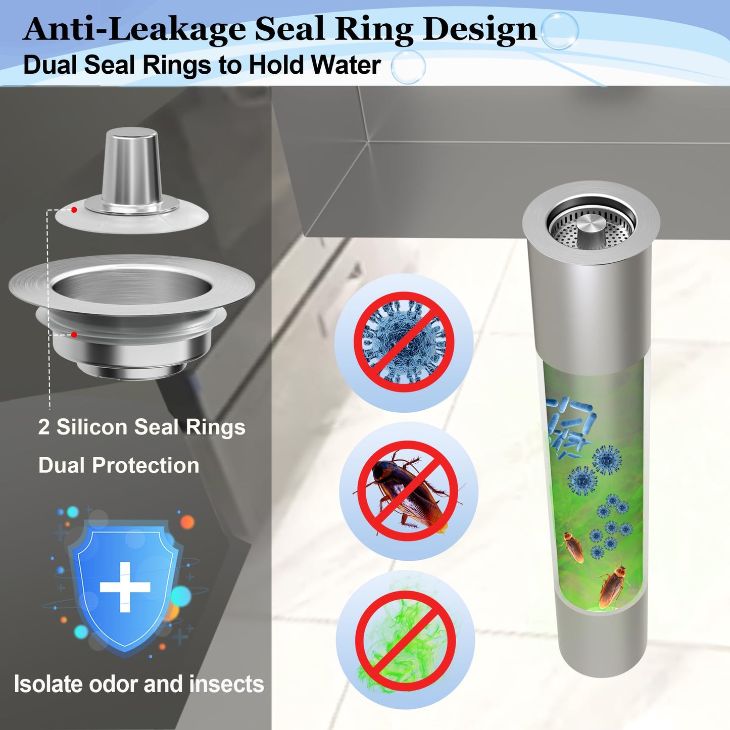 3 in 1 Kitchen Sink Drain Strainer Pop up Sink Stopper,Durability Stainless Steel Anti-Clogging Strainer Basket Odor Prevention Plug Stopper for US Standard 3-1/2” Drain