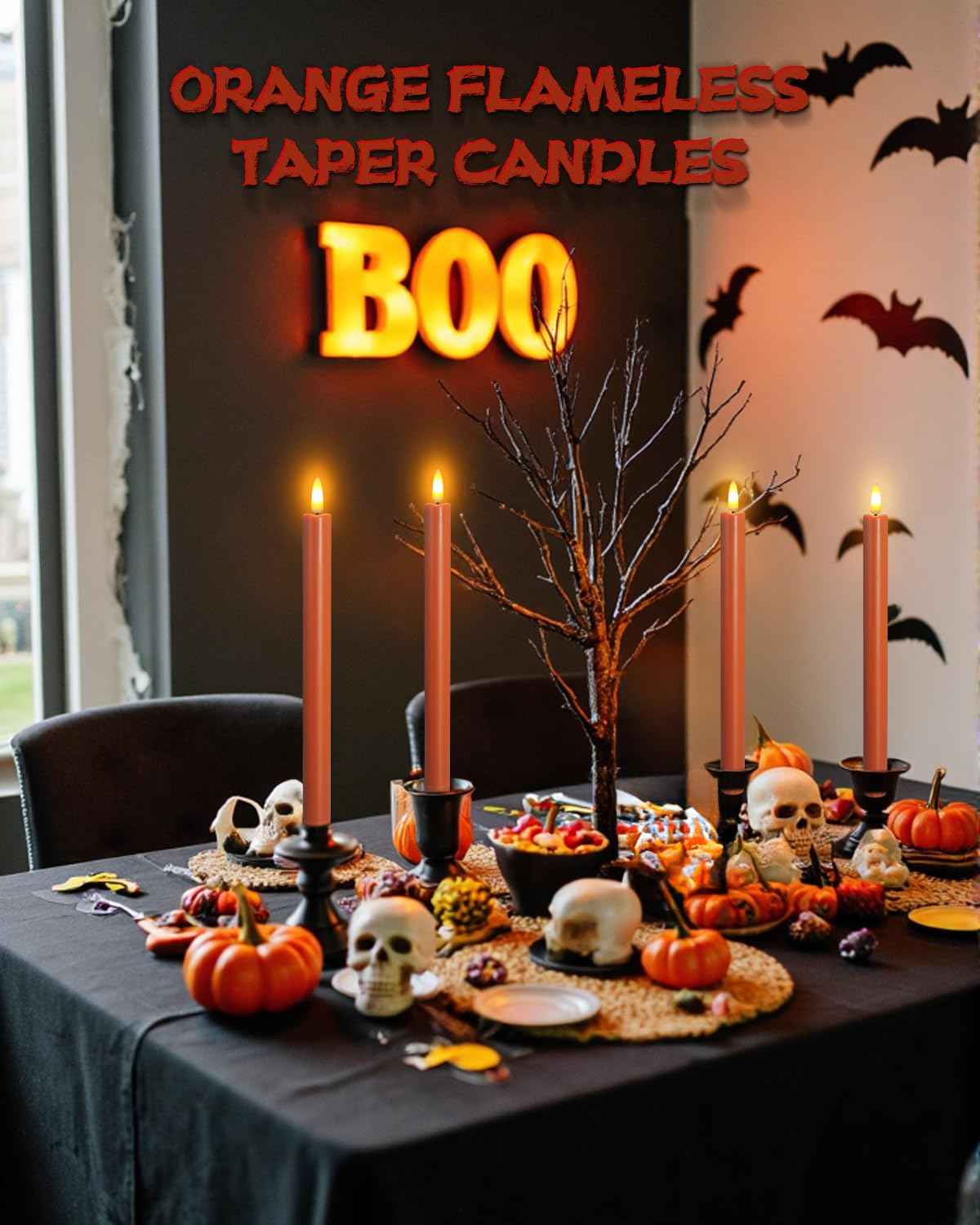 SUNGEGE Orange Flameless Taper Candles, 6 Pack, 0.78 x 9.9 Inches, LED Flickering with 2 Remotes, Battery Operated for Halloween, Fall, and Thanksgiving Decorations