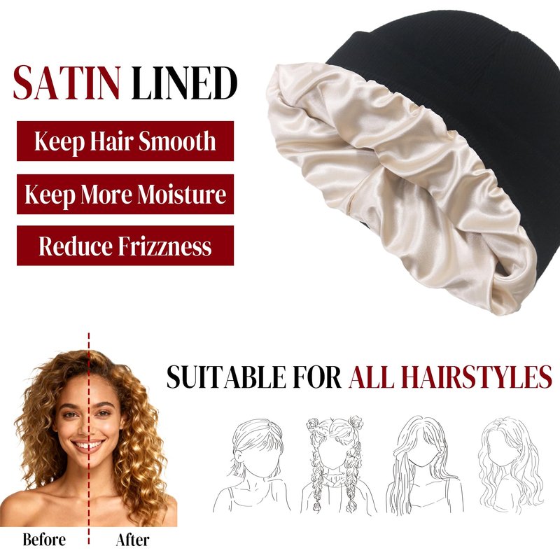 PFFY 2 Packs Womens Satin Lined Beanie Hat Silk Lining Winter Hats Beanies for Women Soft Slouchy Beanie Skull Cap Black+Black