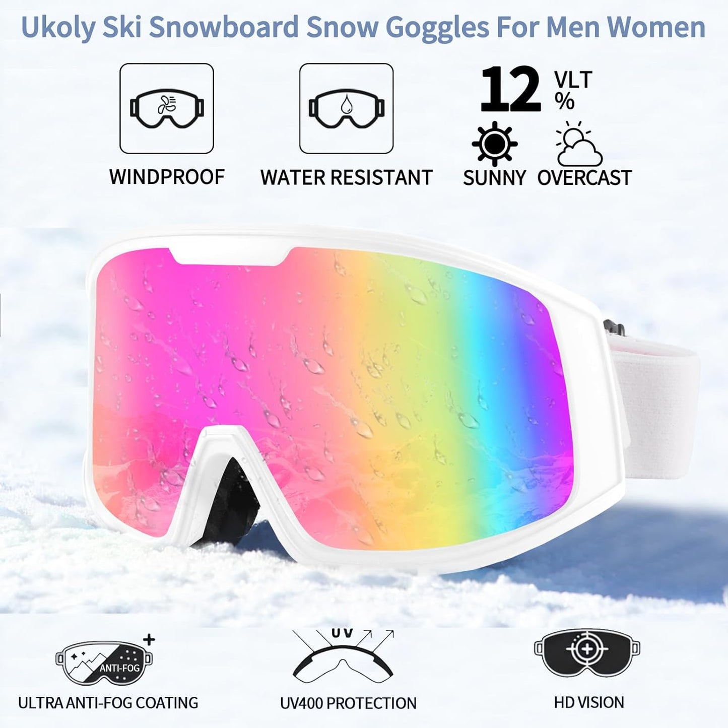 Ukoly Ski/Snowboard Goggles - HD Anti-Fog Lens, UV400 Protection, OTG Design for Men & Women