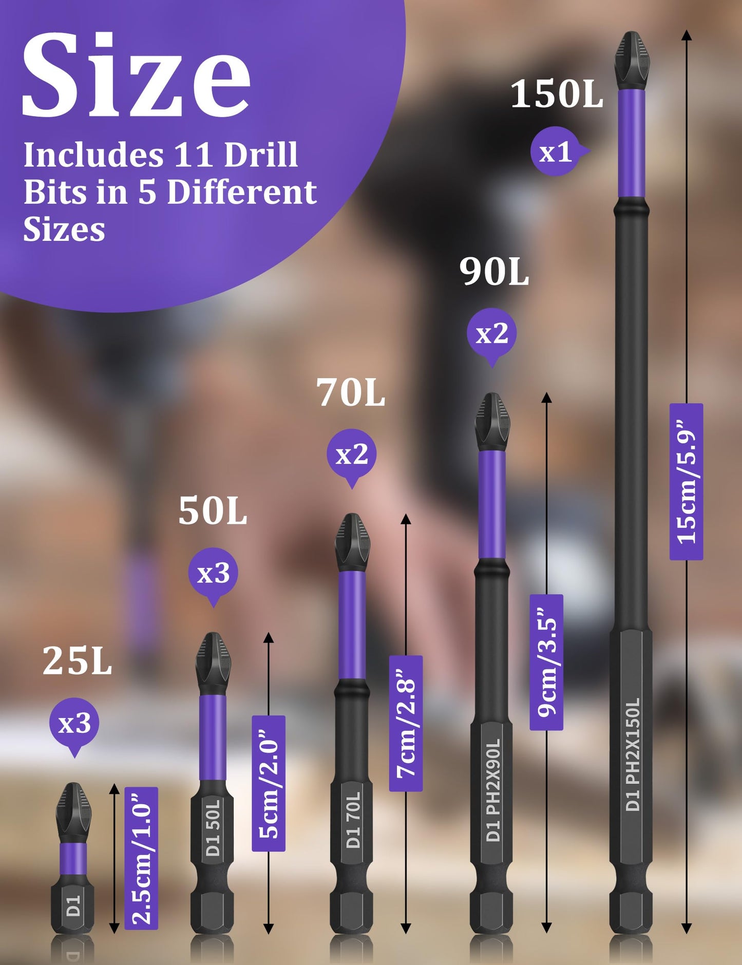 Tomorotec 11PCS Magnetic Phillips Screwdriver Drill Bit Set #2 - Anti-Slip, Shock-Absorbent, Compatible with Impact & Electric Screwdrivers (Purple)