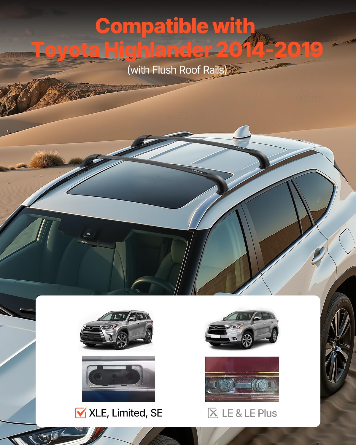 VEVOR Cross Bars Roof Racks, 165lbs Capacity, Compatible with Toyota Highlander 2014-2019 XLE, Limited, SE with Flush Roof Rails, Heavy Duty Aluminum Crossbar Racks Roof Rail Rooftop Luggage Canoe