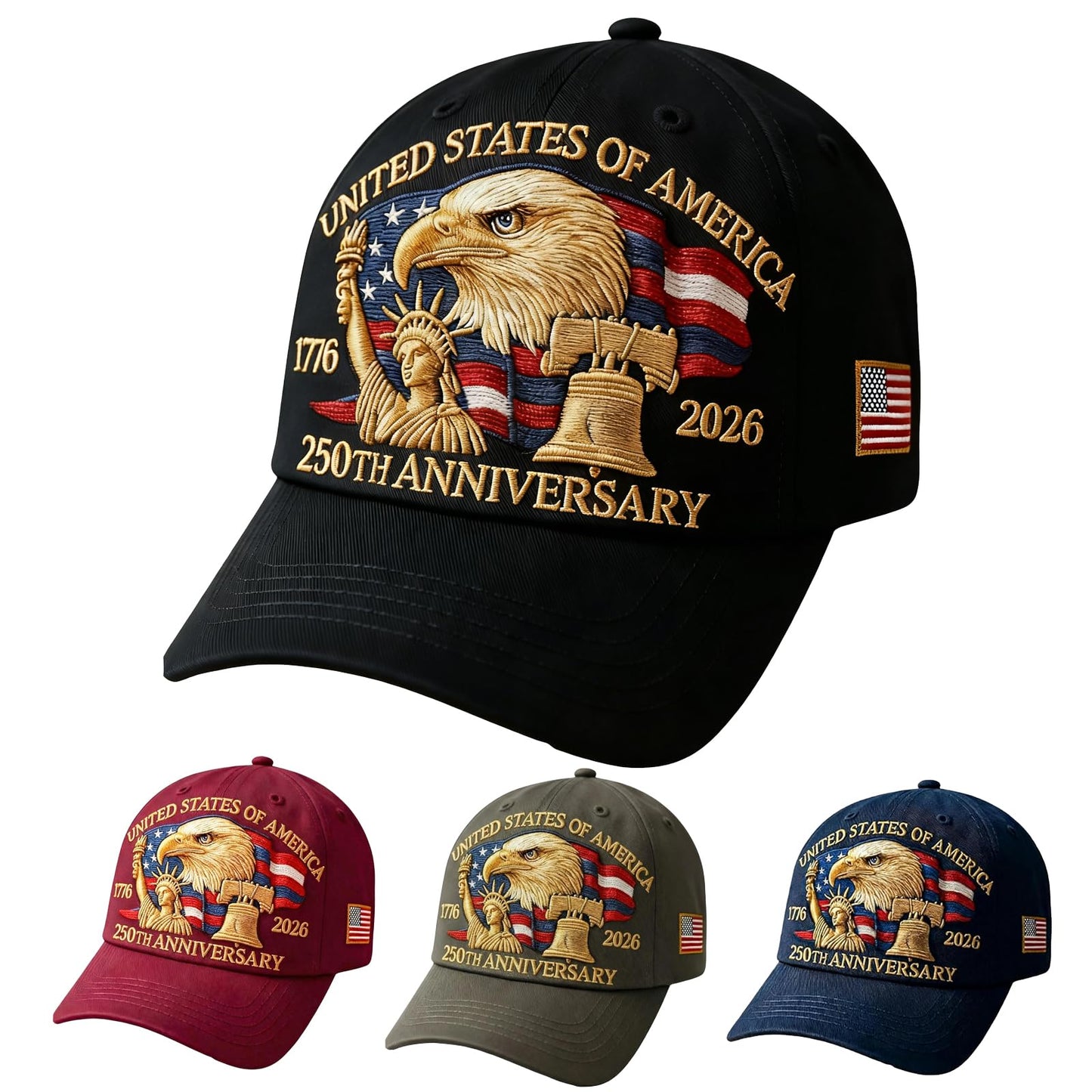 250 Anniversary USA Hat, Patriotic Embroidered Baseball Cap, for Dad, Patriot Cap 1776-2026 Black