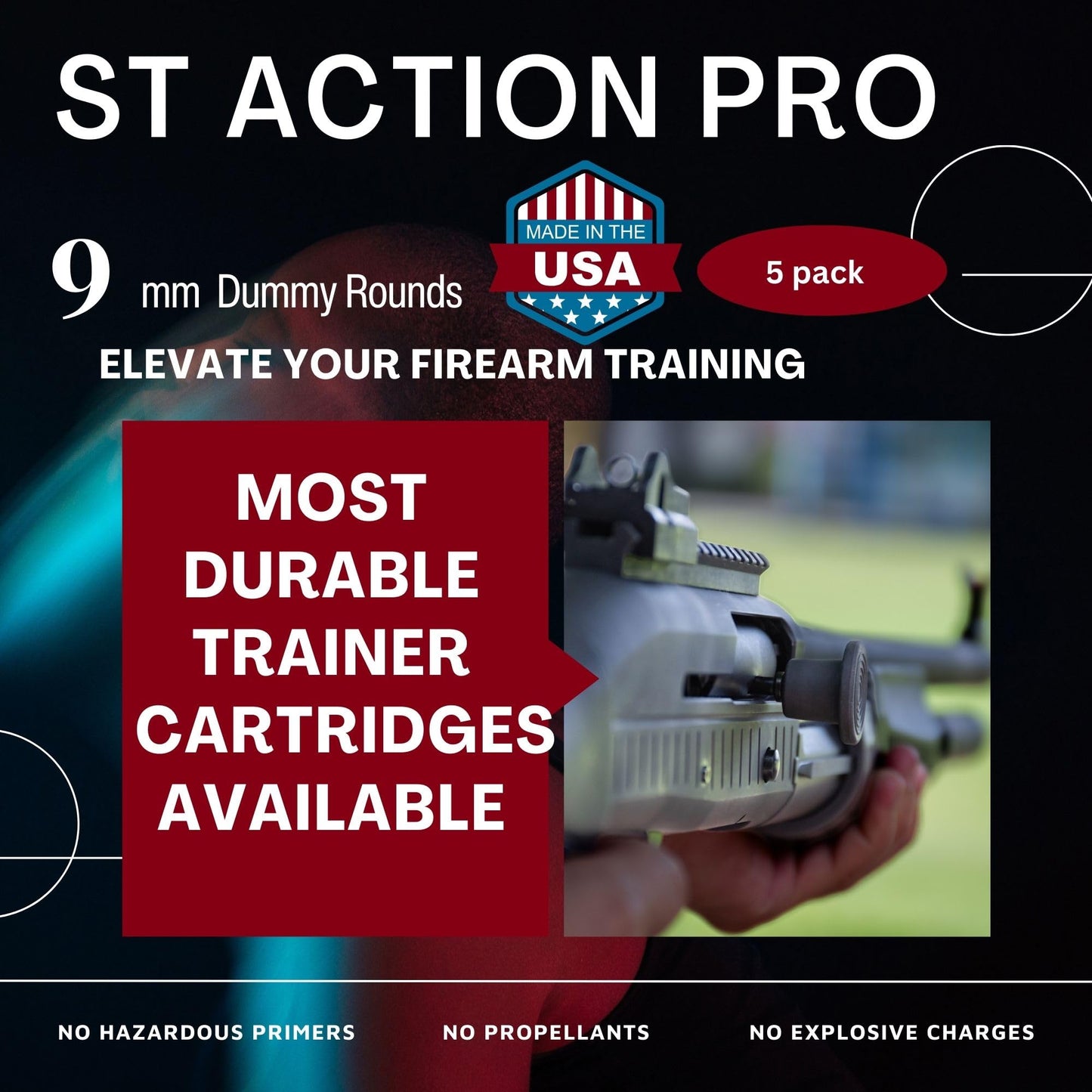 S.T. Action Pro 9mm Dummy Rounds – Yellow Safety Trainer Dummy Rounds, Reusable Dry Fire Training Ammunition (5-Pack) for Gun Owners - Veteran-Owned, Assembled in the USA