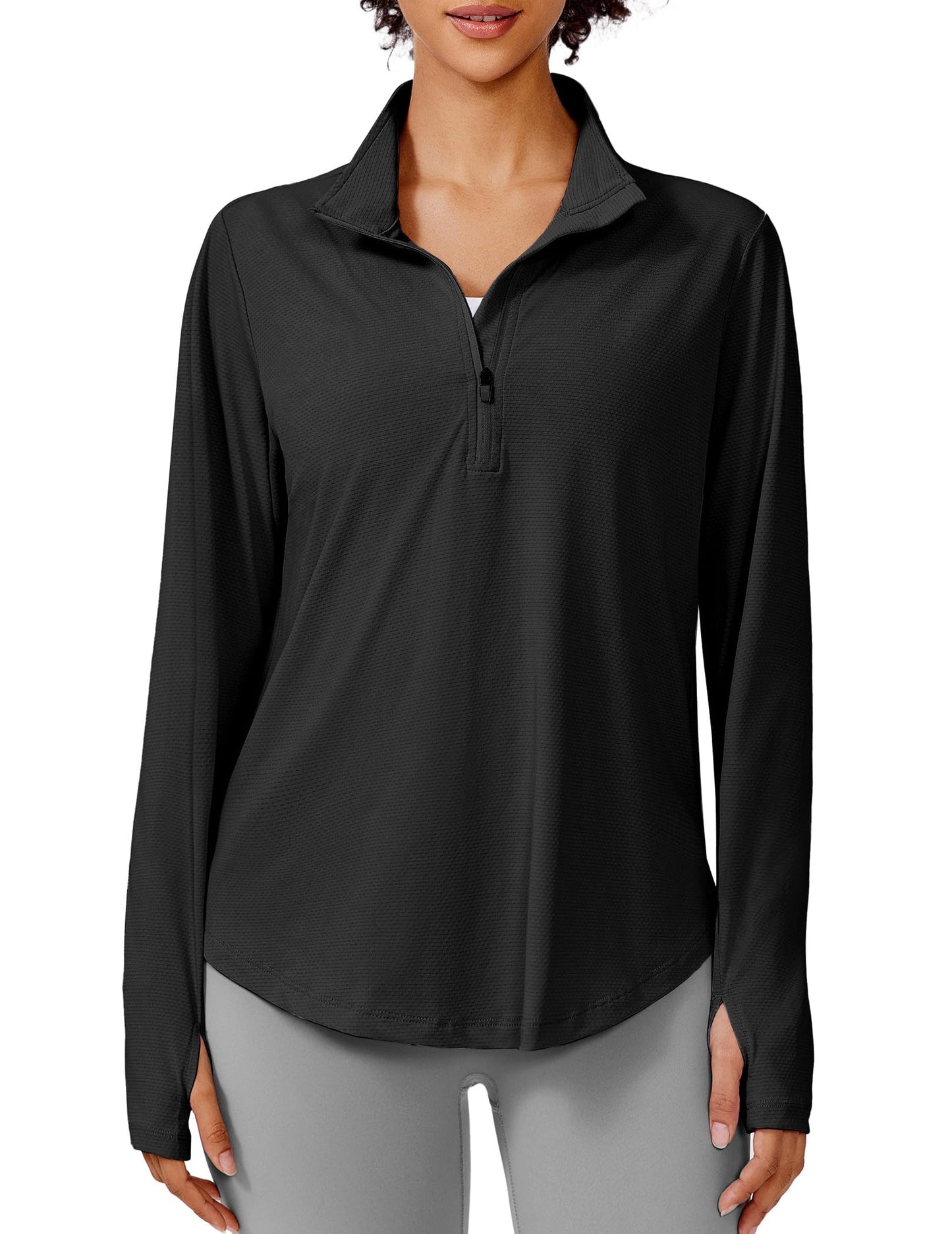 PINSPARK Womens UPF 50+ Sun Shirts Quick Dry Quarter Zip Pullover Long Sleeve Workout Running Golf Beach Tops Loose Fit,Black L