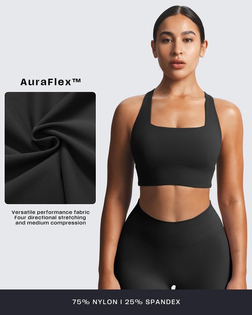Aoxjox Women's Workout Sports Bras Square Neck Emma Longline Cross Back High Impact Fitness Training Gym Yoga Crop Tank (Black, Small)