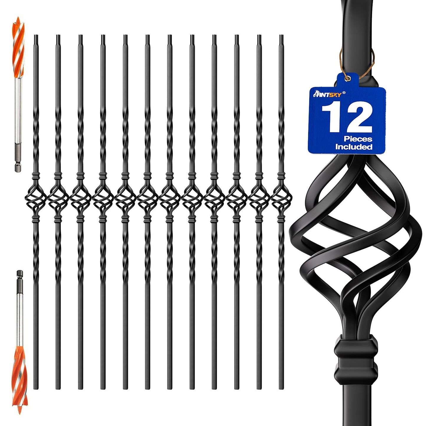 Wrought Iron Hollow Balusters - Deck Spindles Stair Railing Indoor,Stair Single Basket Hollow Iron Baluster Stair spindles, for Staircase Interior, Includes 2 Drill Bits for Wood(12 Pack Black)