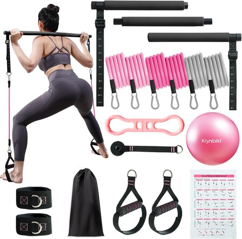 Kisnbld Pilates Bar Kit - Multifunctional Portable Bar with 3 Resistance Bands for Home Workouts