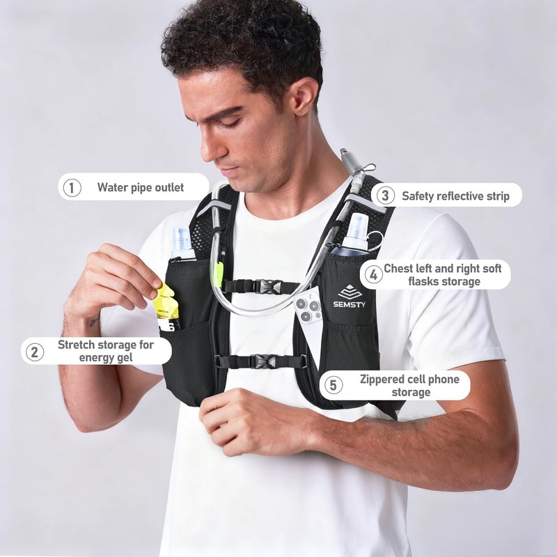 SEMSTY Running Vest for Women Men, 5L Hydration Vest with Dual 500ml Soft Flask, Lightweight Water Backpack, Adjustable Chest Straps Hydration Backpack for Running Cycling Hiking