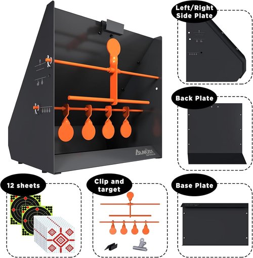 Center Shot Pellet Gun Target Trap - 12 Paper Targets & 4 Resetting Metal Targets for Airgun & Rifle Practice