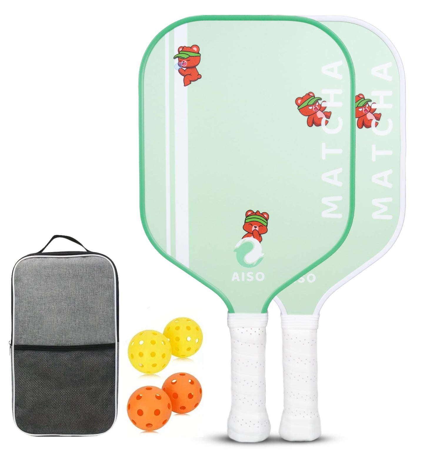 Aiso Matcha | Cute Pickleball Paddles Set of 2 | Premium Starter Set for Beginners with 4 Pickleballs and Portable Carry Bag | Lightweight & Durable Fiberglass with PP Honeycomb Core