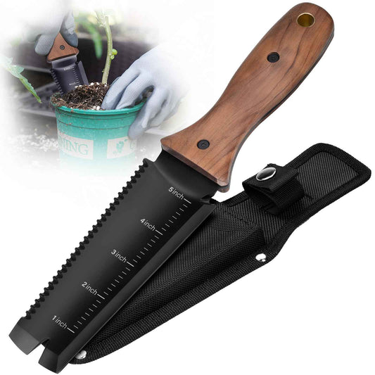 PERWIN Hori Hori Garden Knife, Garden Tools with Sheath, 6" Stainless Steel Blade with Cutting Edge, Full-Tang Walnut Ergonomic Wood Handle with Hanging Hole, Weeding, Planting, Digging…