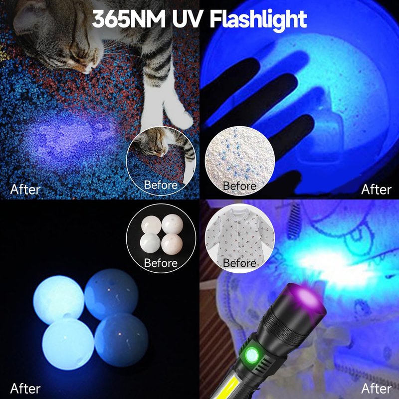 Black Light flashlight, 3 in-1 Rechargeable Flashlights, UV Light Magnetic LED Flashlight High Lumens, 7 Mode Camping Waterproof Flashlight for Pet Urine Detection ((Black + Purple) with case)