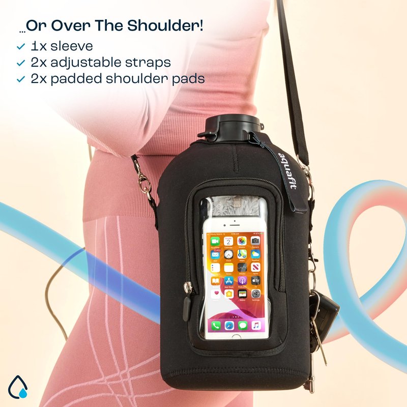 AQUAFIT 1 Gallon Jug Sleeve, Neoprene Water Bottle Bag with Adjustable Shoulder Strap and Pocket, 128 oz Sling Bag, Carrier Bag (Sleeve Only - No Bottle, Black)
