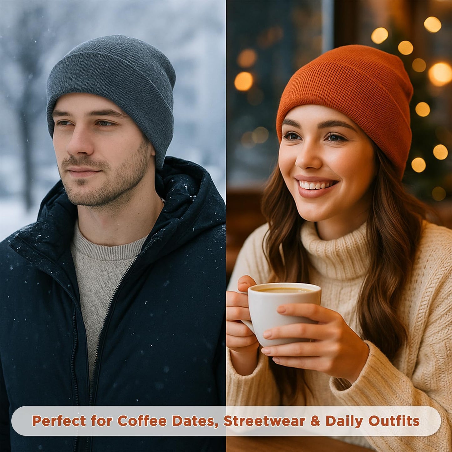 LEADUWAY 2 Pack Beanie Hats for Women & Men Winter, Satin Lined Beanies, Double Layer Warm Womens Winter Hats (US, Alpha, One Size, Black/Dark Grey
