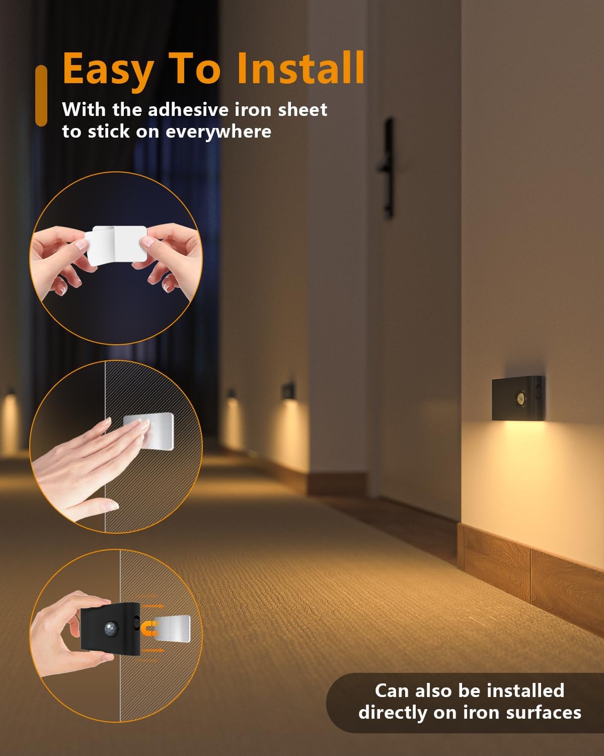 Rechargeable Motion Sensor Night Light - Wireless Battery-Powered LED for Hallway, Stairway & Bathroom - 6 Pack