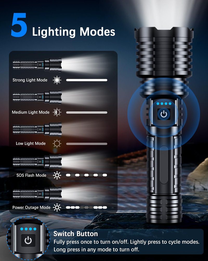 Super Bright Rechargeable LED Flashlights 2500,000 High Lumens, Flashlights High Lumens Up to 25H Long Battery Life| Zoomable| 5Light Modes| IP67 Waterproof, High Powered Flashlight for Camping Home