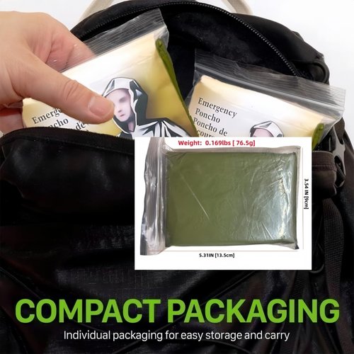 MIRouer Emergency Poncho with Mylar Blanket Liner for Survival Gear, Waterproof, Wind-Resistant Green Rain Poncho for Outdoors, Camping, and Car Emergency Kits - Thermal Poncho - 4 Pack (Green)