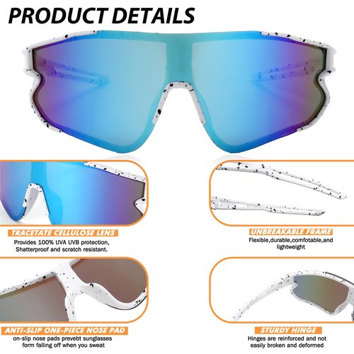 MJEBT Polarized Sports Sunglasses for Men Women, Baseball Cycling Fishing Running Sun Glasses UV400 Protection (White/Blue Mirror+Blue Red/Pink Mirror+Black/Gray)