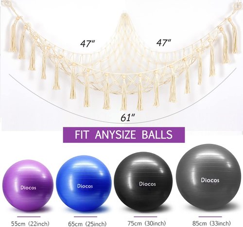 Yoga Ball Rack Corner Hanging Storage Net for Fitness, Balance, Stability & Swiss Balance Balls - Organizer for Yoga Studio & Gym (Cream, 1)
