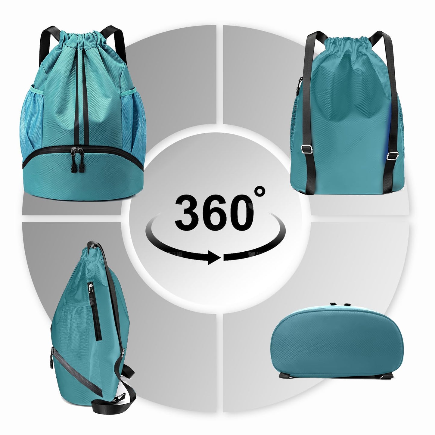 Hoedia Sports Drawstring Backpack - String Swim Gym Bag with Shoes Compartment and Wet Proof Pocket for Women/Men (Teal)