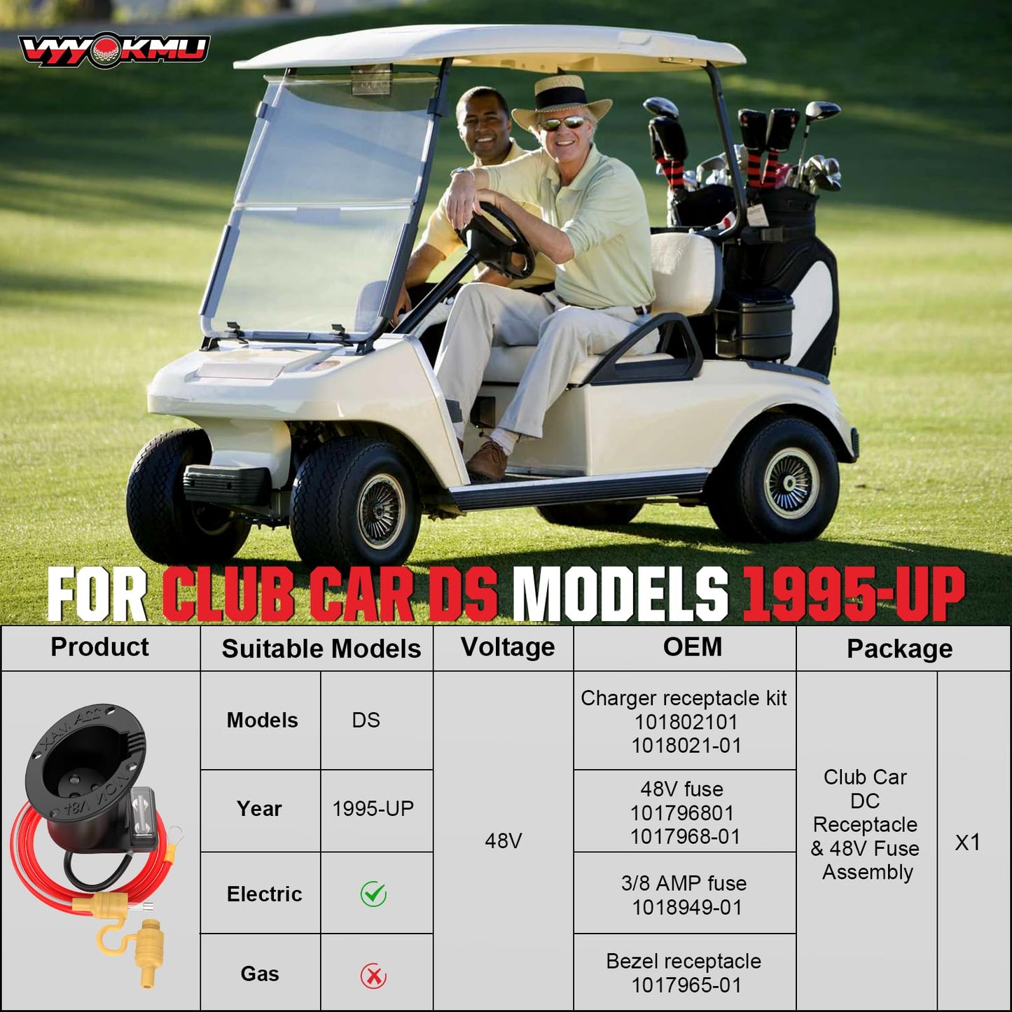 VYYOKMU 48Volt Golf Cart Club Car DS DC Charger Receptacle with Fuse for Club Car DS 1995-UP, Club Car Golf Cart Charging Port OEM# 101802101 1018021-01 101846801, Charger Receptacle and Fuse Assembly