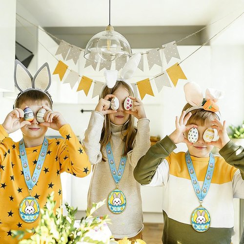 Gold Medals by Easter | 2.95-Inch Bunny Egg Shape Awards with Colorful Neck Ribbons for Egg Hunt Parties