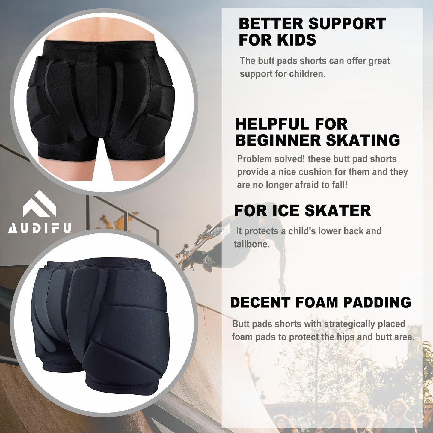 AUDIFU Kids Butt Pad Shorts for Skating Snowboarding Ski, Hip Protective Padded Shorts for Youth Child (Small)
