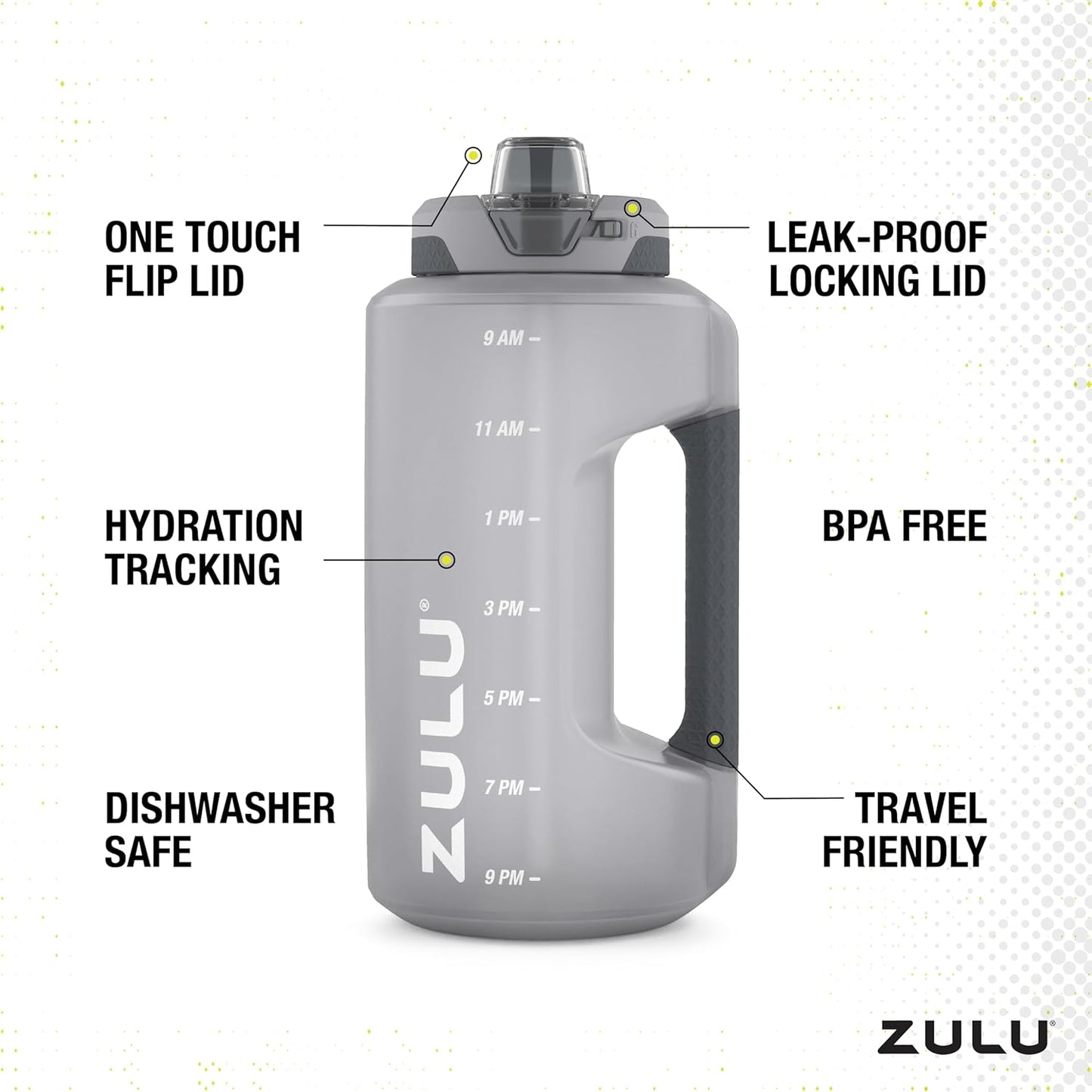 ZULU Goals 64oz Half Gallon Water Bottle - Reusable Jug with Straw, Time Marker & Leak-Proof Lid | Grey