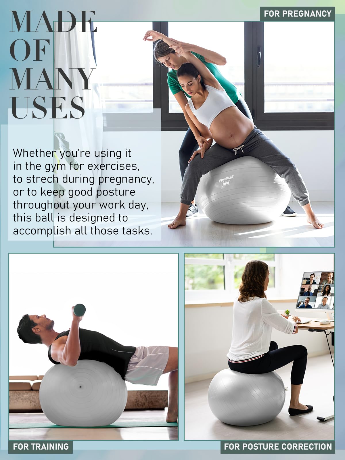 PhysKcal Large Yoga Ball to Relieve Back Pain, Exercise Ball, Swiss Ball for Pilates, Gym, Office Chair, Stability, Physical Therapy (Glacier Gray, L (26-29''/68-75cm))