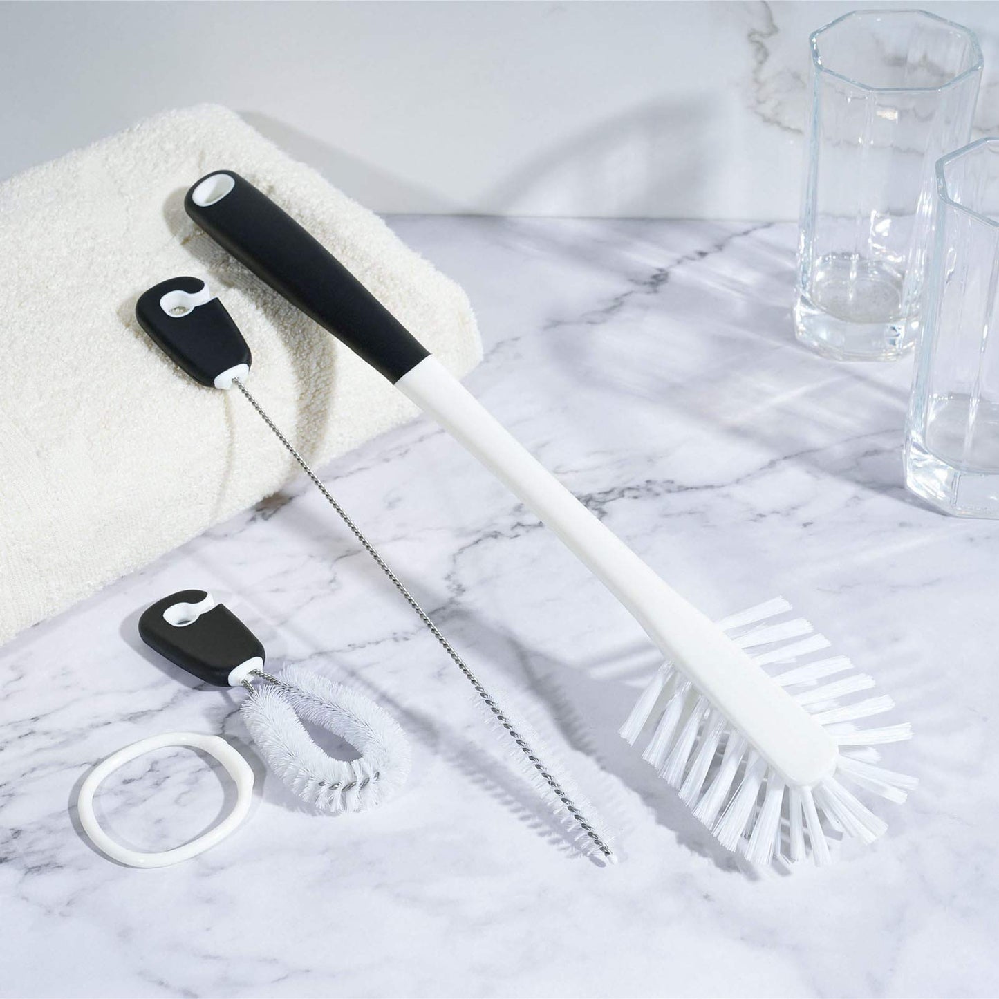 MOSOLAN 3-in-1 Water Bottle Cleaning Brush Set - Long Handle Scrubbing Brush for Tumbler, Straw, Baby Bottles, Drinking Glasses, White
