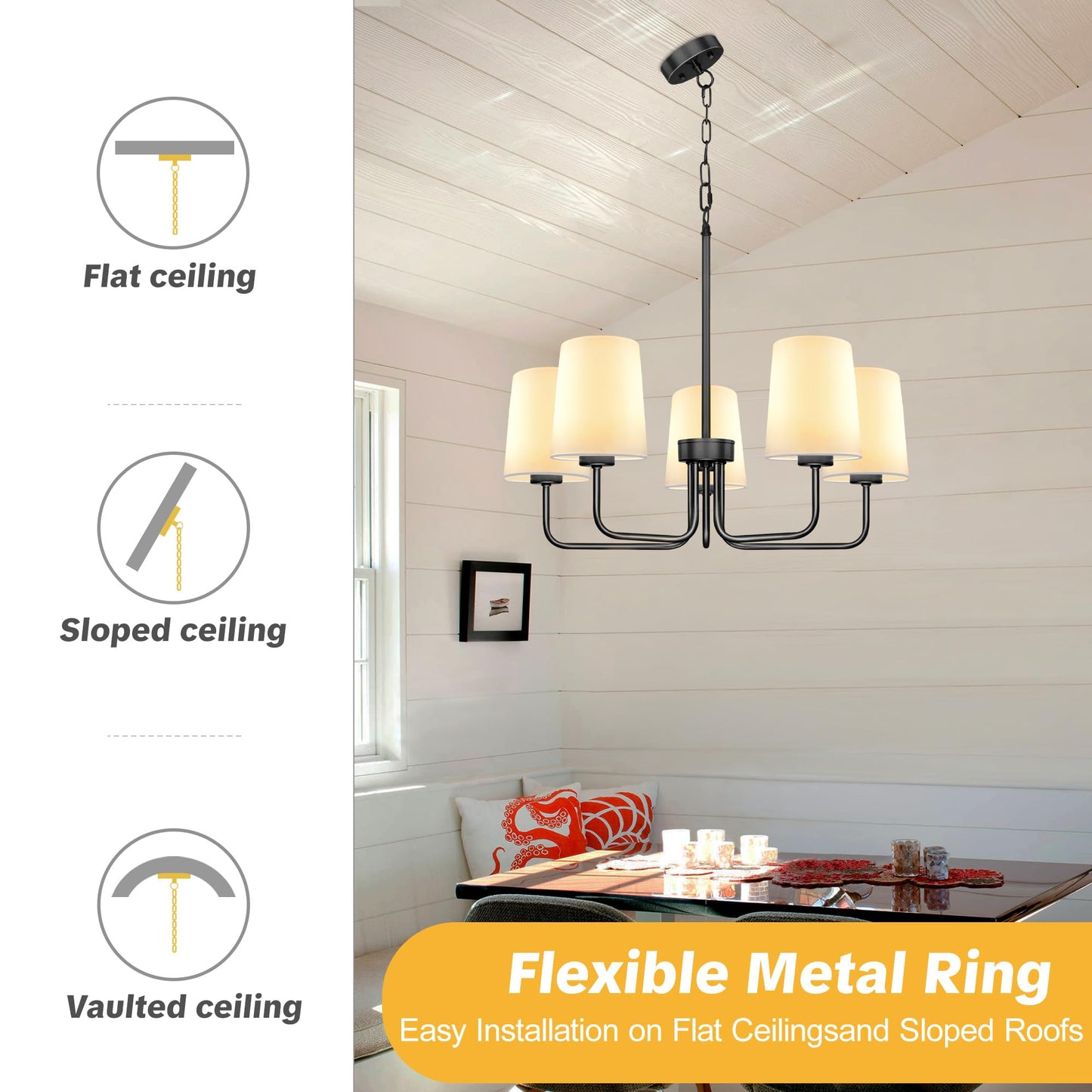 Laiebri Farmhouse Chandelier, 5-Light Black Chandelier with White Fabric Shade, Height Adjustable Modern Dining Room Light Fixture with E26 Base for Bedroom Foyer Hallway Entryway Kitchen Living Room